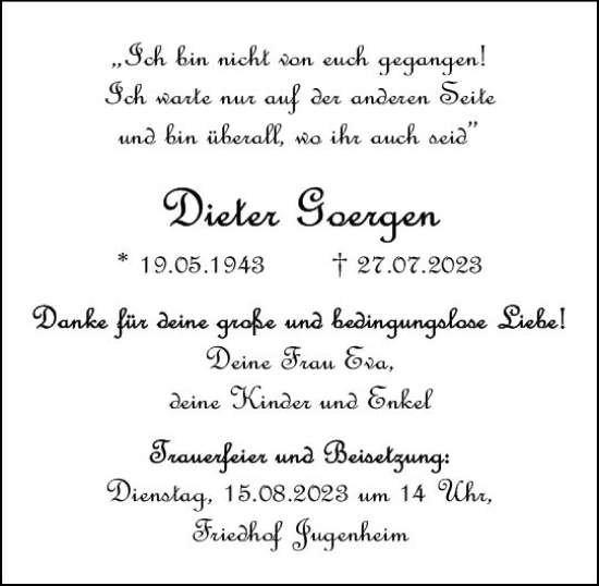 Traueranzeige von Dieter Goergen von Allgemeine Zeitung Mainz