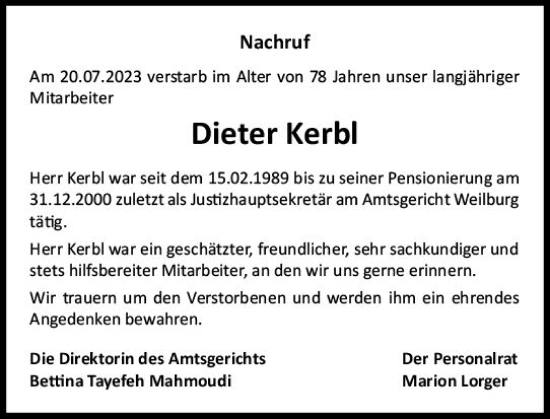 Traueranzeige von Dieter Kerbl von Weilburger Tageblatt