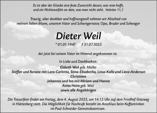Traueranzeige von Dieter Weil von Wetzlarer Neue Zeitung