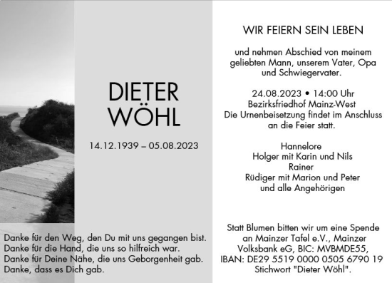 Traueranzeige von Dieter Wöhl von Allgemeine Zeitung Mainz