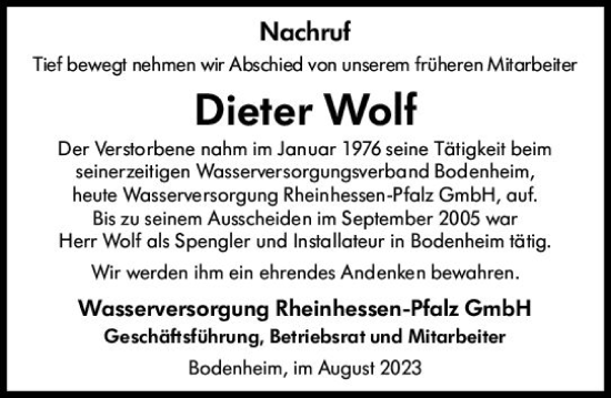 Traueranzeige von Dieter Wolf von Allgemeine Zeitung Mainz