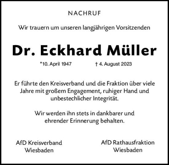 Traueranzeige von Eckhard Müller von Wiesbadener Kurier