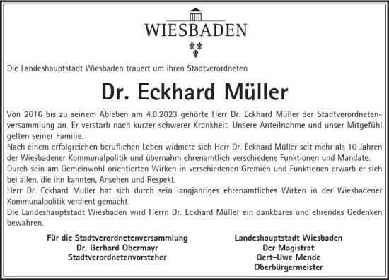 Traueranzeige von Eckhard Müller von Wiesbadener Kurier