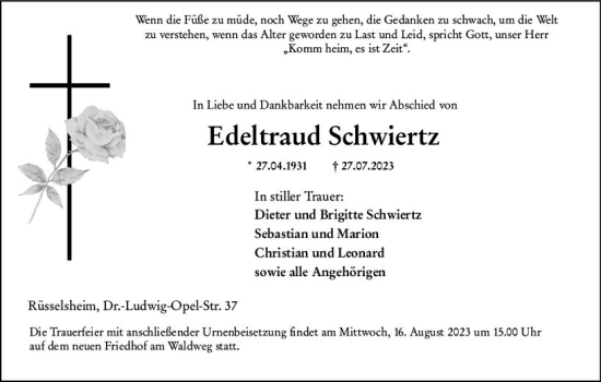 Traueranzeige von Edeltraud Schwiertz von Rüsselsheimer Echo