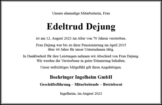 Traueranzeige von Edeltrud Dejung von Allgemeine Zeitung Bingen/Ingelheim