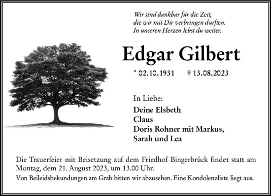 Traueranzeige von Edgar Gilbert von Allgemeine Zeitung Bingen/Ingelheim
