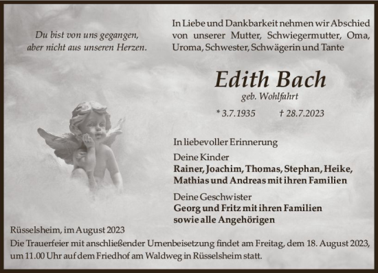 Traueranzeige von Edith Bach von Rüsselsheimer Echo