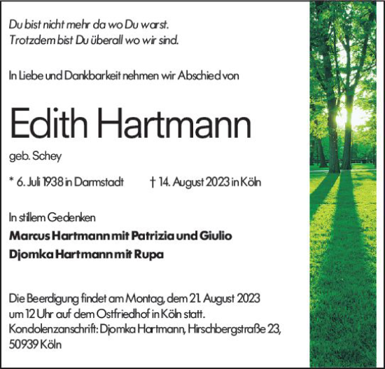 Traueranzeige von Edith Hartmann von Darmstädter Echo
