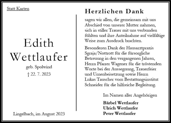Traueranzeige von Edith Wettlaufer von Oberhessen Kurier