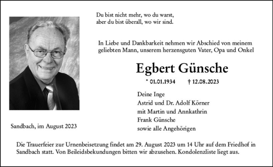 Traueranzeige von Egbert Günsche von Odenwälder Echo