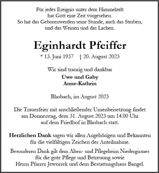 Traueranzeige von Eginhardt Pfeiffer von Wetzlarer Neue Zeitung