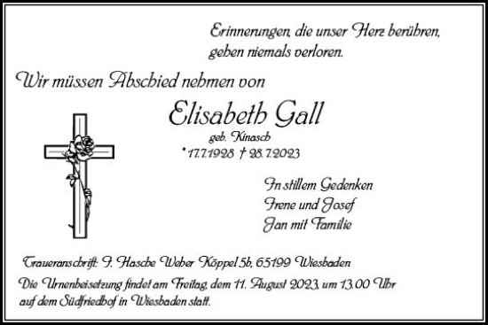 Traueranzeige von Elisabeth Gall von Wiesbadener Kurier