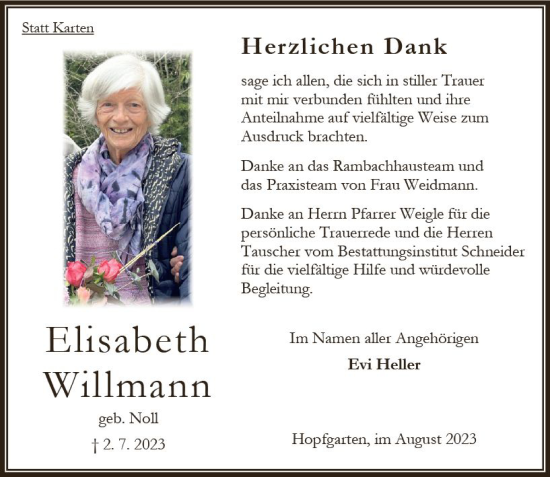 Traueranzeige von Elisabeth Willmann von Oberhessen Kurier