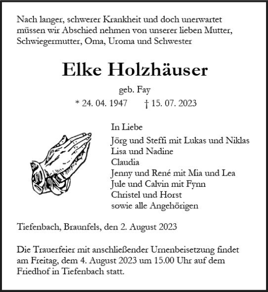 Traueranzeige von Elke Holzhäuser von Wetzlarer Neue Zeitung