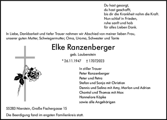 Traueranzeige von Elke Ranzenberger von Allgemeine Zeitung Mainz