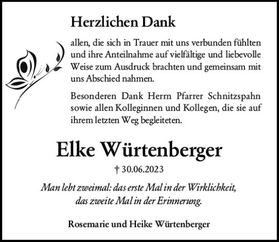 Traueranzeige von Elke Würtenberger von Darmstädter Echo
