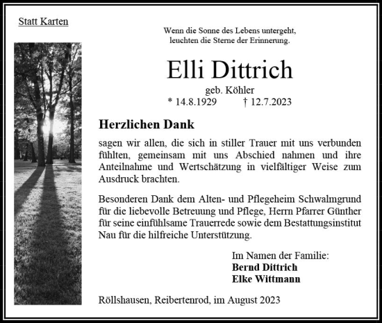 Traueranzeige von Elli Dittrich von Oberhessen Kurier