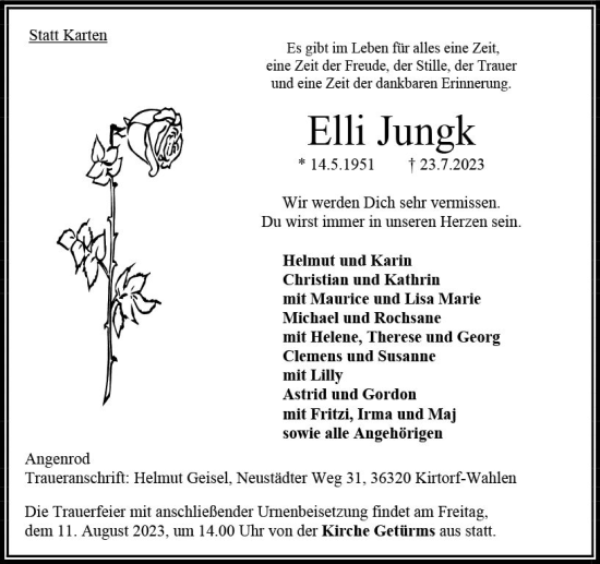Traueranzeige von Elli Jungk von Oberhessen Kurier