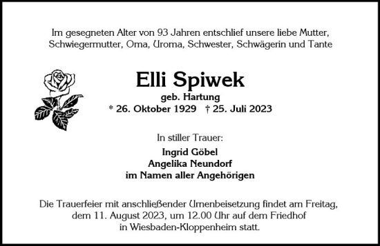 Traueranzeige von Elli Spiwek von Wiesbadener Kurier