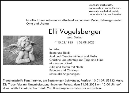 Traueranzeige von Elli Vogelsberger von Allgemeine Zeitung Mainz