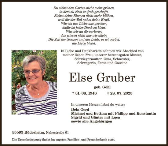 Traueranzeige von Else Gruber von Allgemeine Zeitung Bad Kreuznach