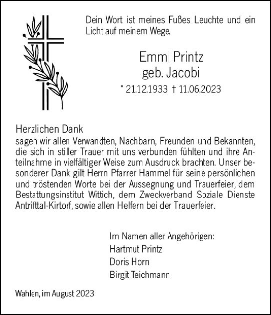 Traueranzeige von Emmi Printz von Oberhessen Kurier