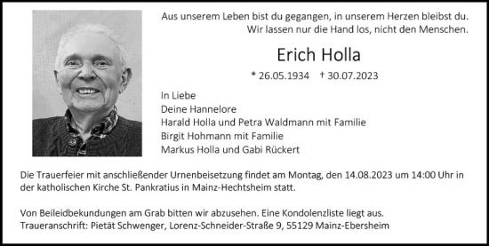 Traueranzeige von Erich Holla von Allgemeine Zeitung Mainz