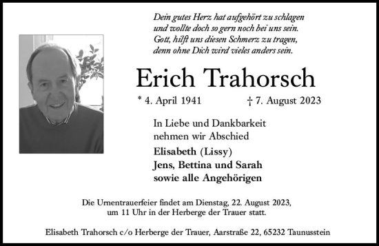 Traueranzeige von Erich Trahorsch von Wiesbadener Kurier
