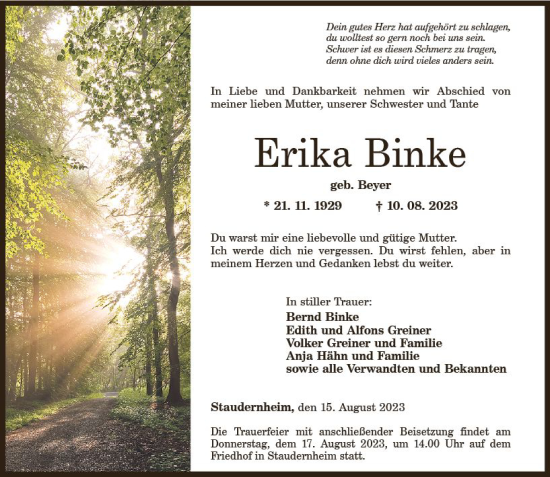 Traueranzeige von Erika Binke von Allgemeine Zeitung Bad Kreuznach