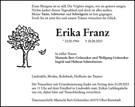 Traueranzeige von Erika Franz von Bergsträßer Anzeiger