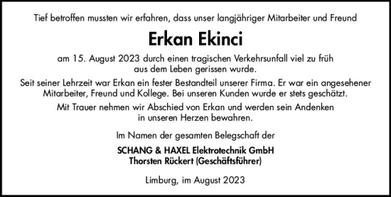 Traueranzeige von Erkan Ekinci von Nassauische Neue Presse