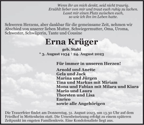 Traueranzeige von Erna Krüger von Wormser Zeitung