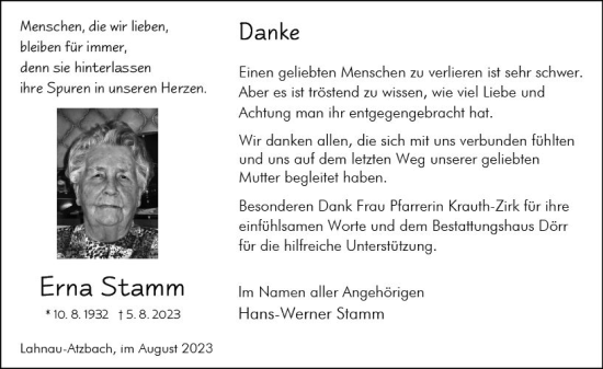 Traueranzeige von Erna Stamm von Wetzlarer Neue Zeitung