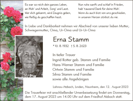 Traueranzeige von Erna Stamm von Wetzlarer Neue Zeitung