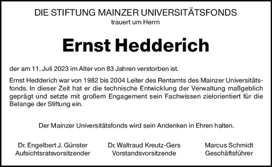 Traueranzeige von Ernst Hedderich von Allgemeine Zeitung Mainz