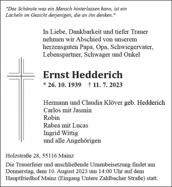 Traueranzeige von Ernst Hedderich von Allgemeine Zeitung Mainz