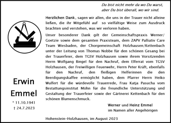 Traueranzeige von Erwin Emmel von Idsteiner Land/Untertaunus