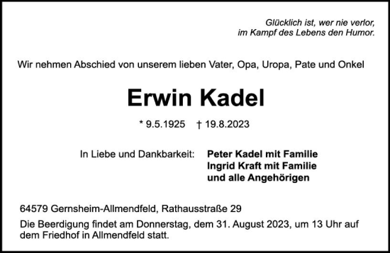Traueranzeige von Erwin Kadel von Groß-Gerauer Echo