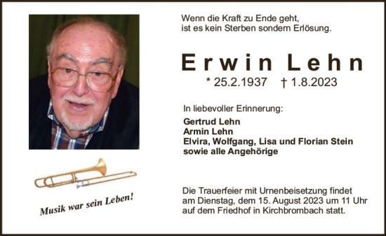 Traueranzeige von Erwin Lehn von Odenwälder Echo