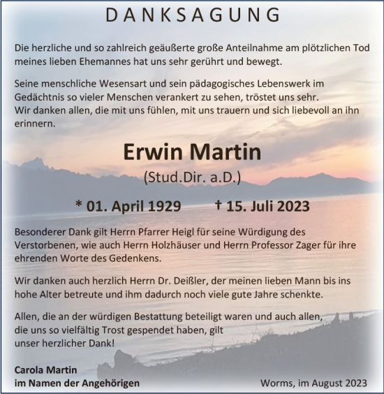 Traueranzeige von Erwin Martin von Wormser Zeitung