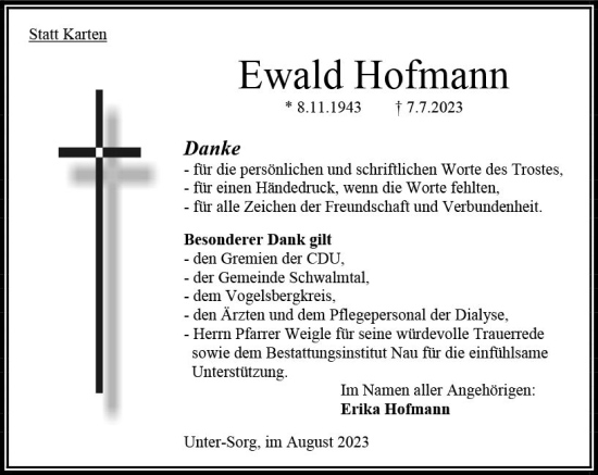 Traueranzeige von Ewald Hofmann von Oberhessen Kurier