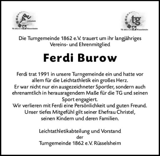 Traueranzeige von Ferdi Burow von Rüsselsheimer Echo