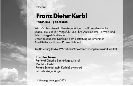 Traueranzeige von Franz Dieter Kerbl von Weilburger Tageblatt