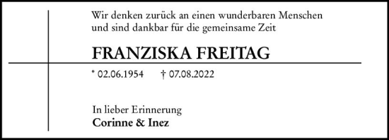 Traueranzeige von Franziska Freitag von Allgemeine Zeitung Mainz