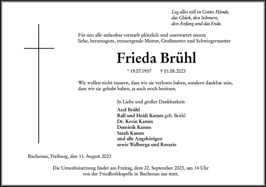 Traueranzeige von Frieda Brühl von Hinterländer Anzeiger