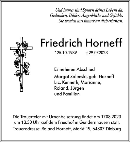 Traueranzeige von Friedrich Horneff von Darmstädter Echo