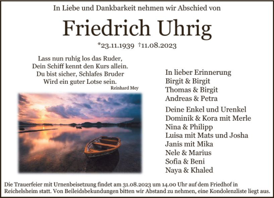 Traueranzeige von Friedrich Uhrig von Odenwälder Echo