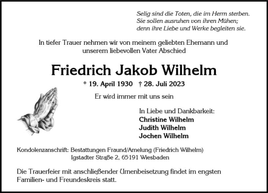 Traueranzeige von Friedrich Jakob Wilhelm von Wiesbadener Kurier