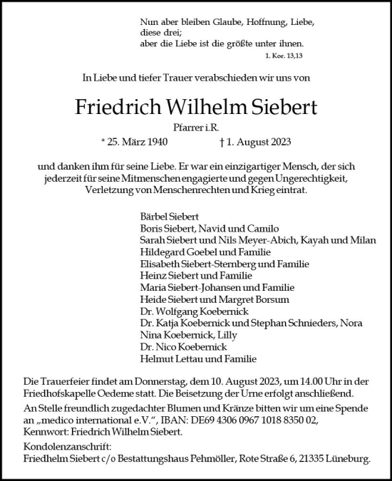 Traueranzeige von Friedrich Wilhelm Siebert von Idsteiner Land/Untertaunus