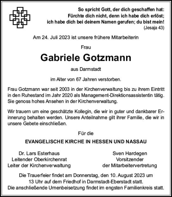 Traueranzeige von Gabriele Gotzmann von Darmstädter Echo